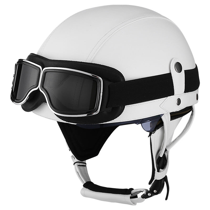 DOT Vintage Leather Motorcycle Helmet with Goggles- I06