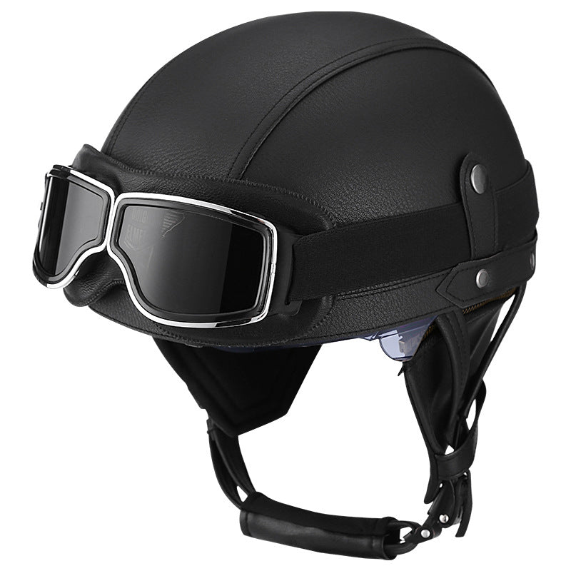 DOT Vintage Leather Motorcycle Helmet with Goggles- I06