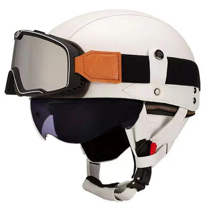 DOT Vintage Leather Motorcycle Helmet with Goggles- I06