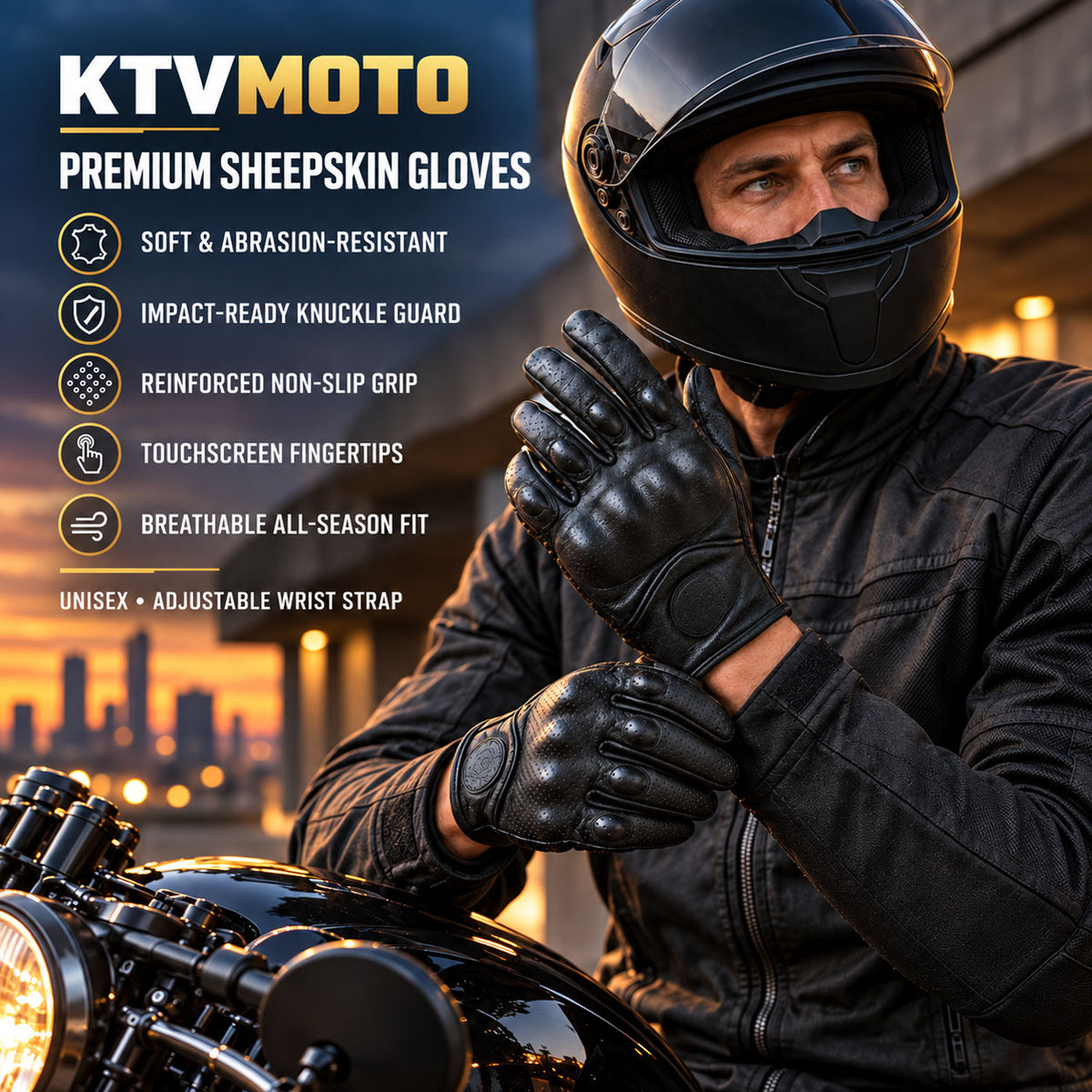 KTVMOTO Touchscreen Genuine Leather Motorcycle Riding Gloves - G105