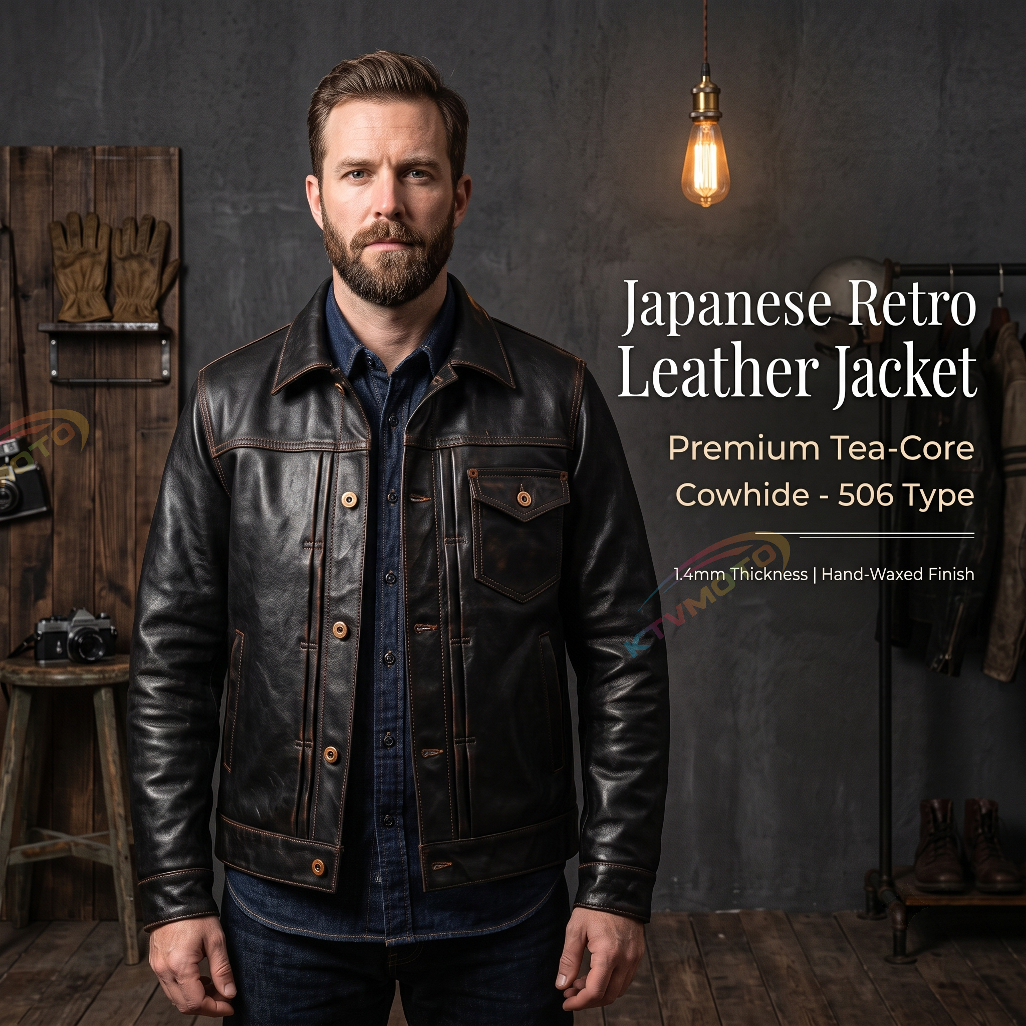 Japanese retro casual leather jacket-A05