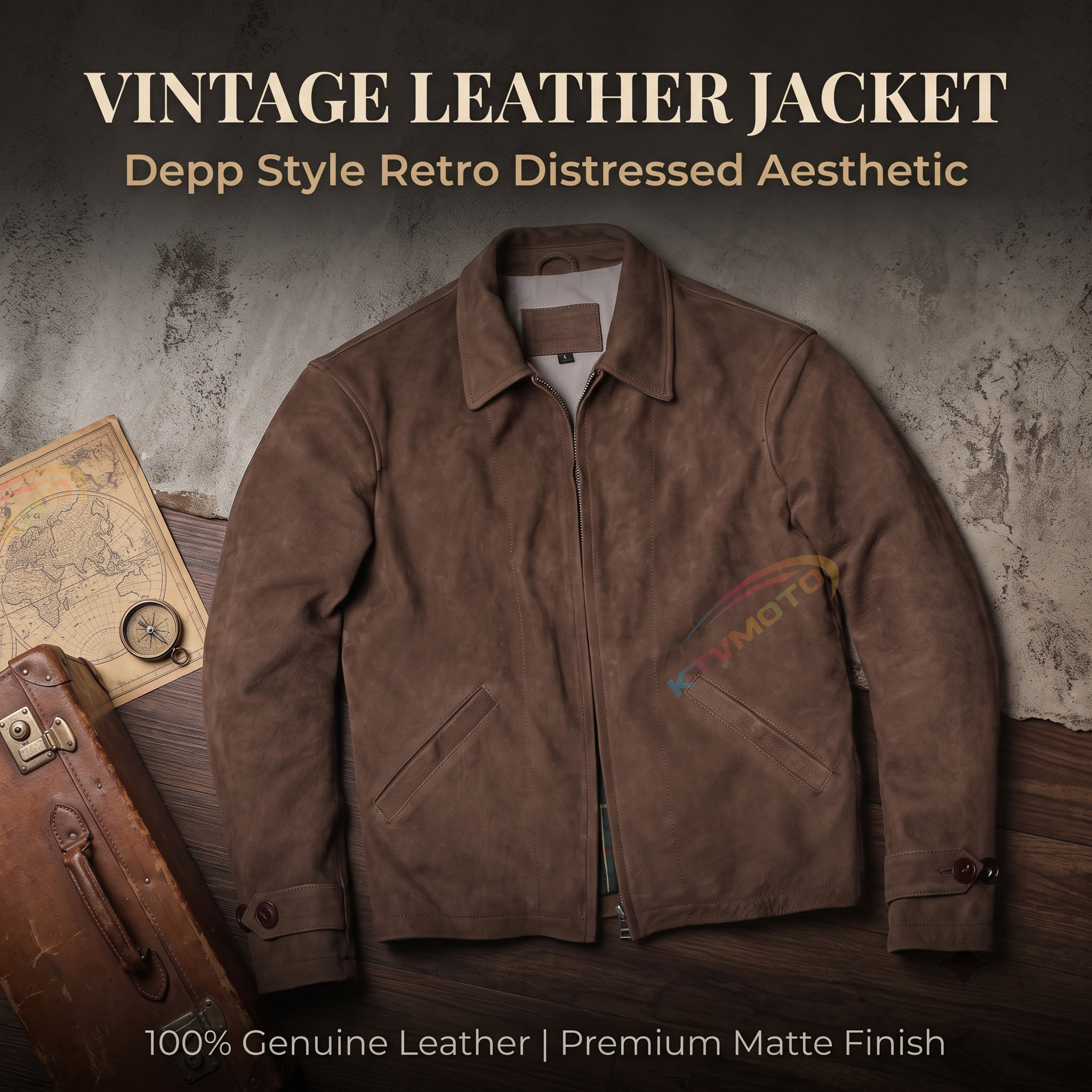 Depp vintage distressed lapel brushed hard leather jacket-A42
