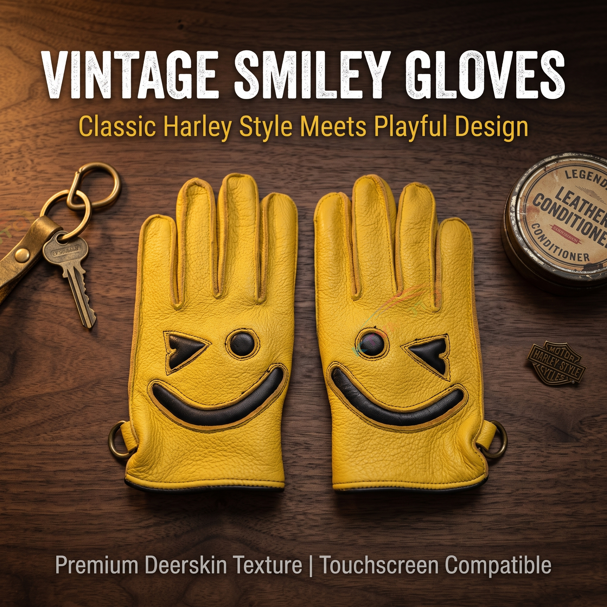 Smiley face deerskin touchscreen retro motorcycle gloves-G73
