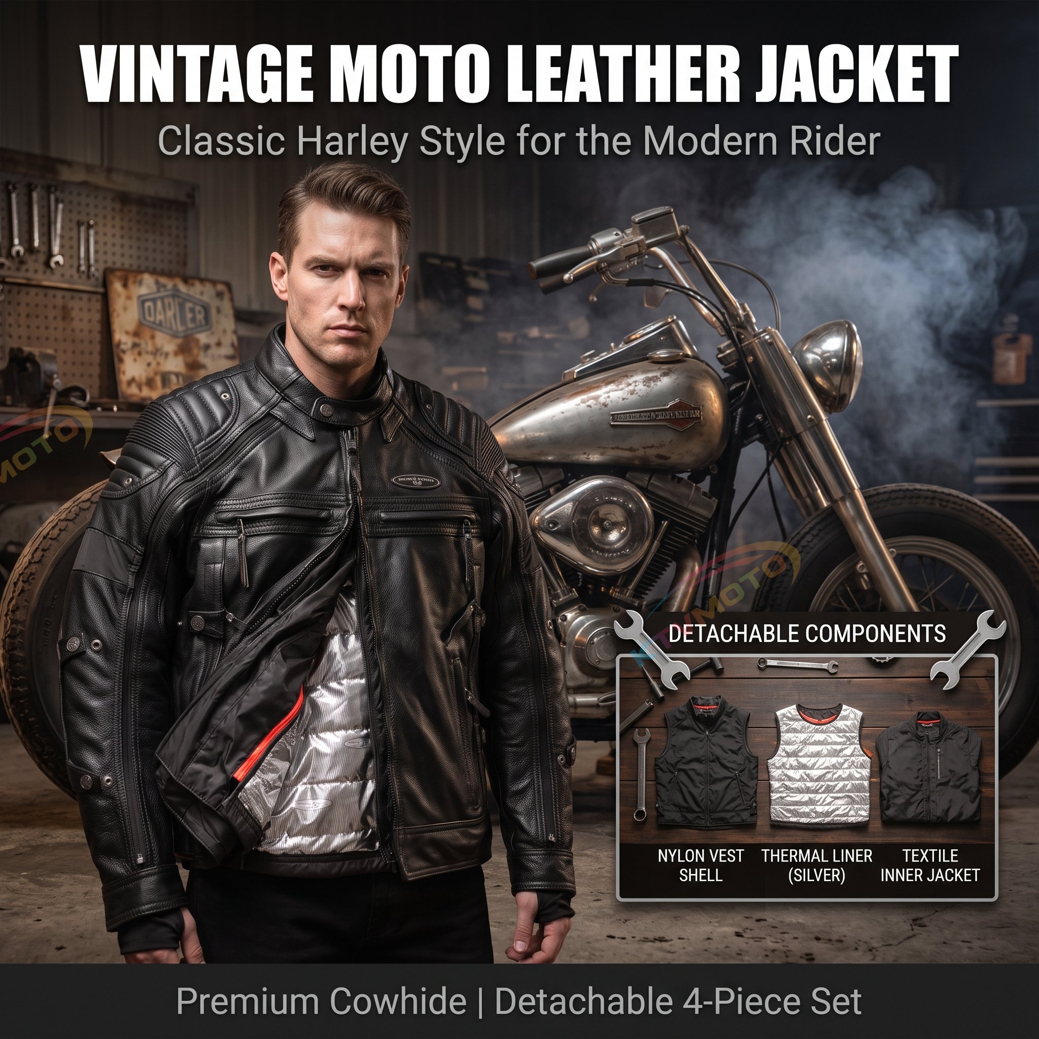Detachable four-piece motorcycle top layer yellow cowhide leather jacket-A29