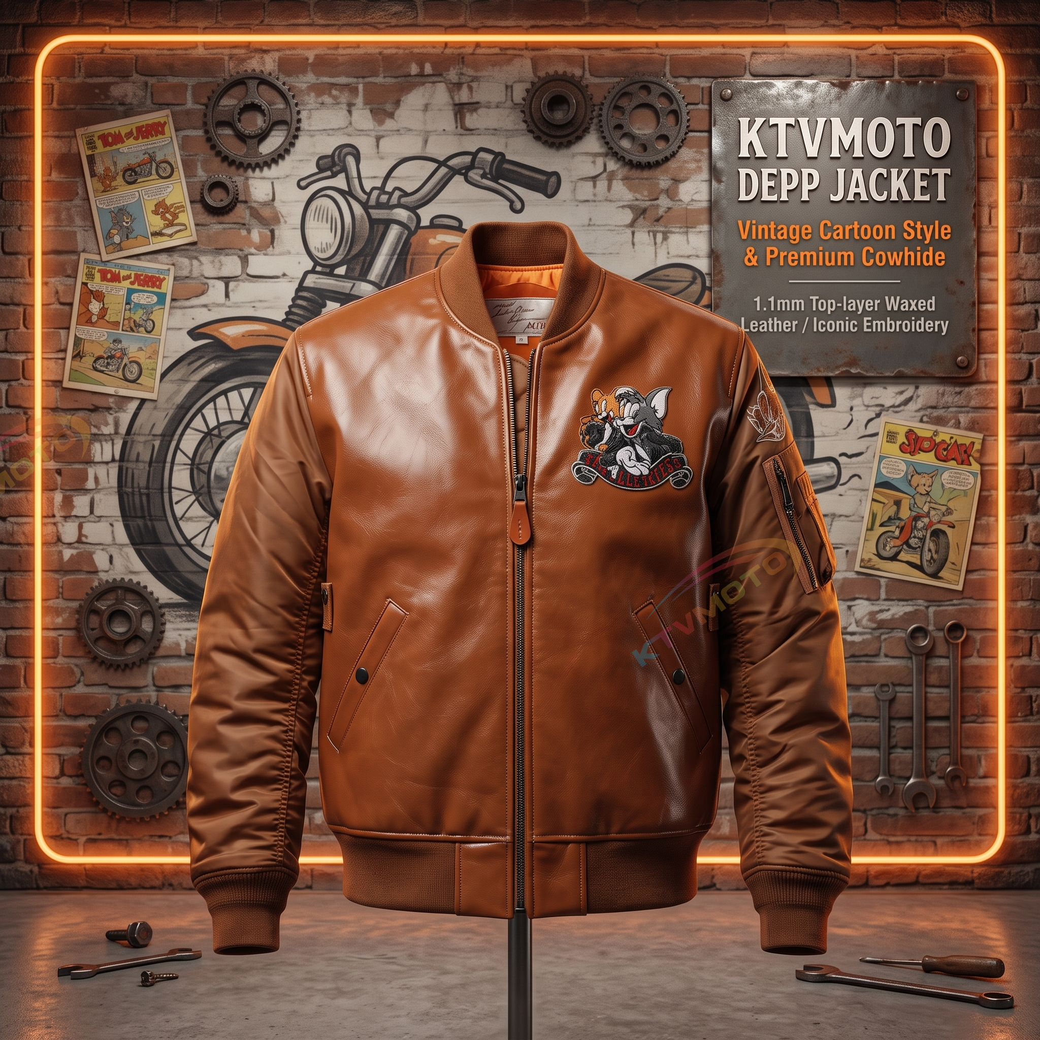 Cartoon sports casual leather cowhide jacket-A39