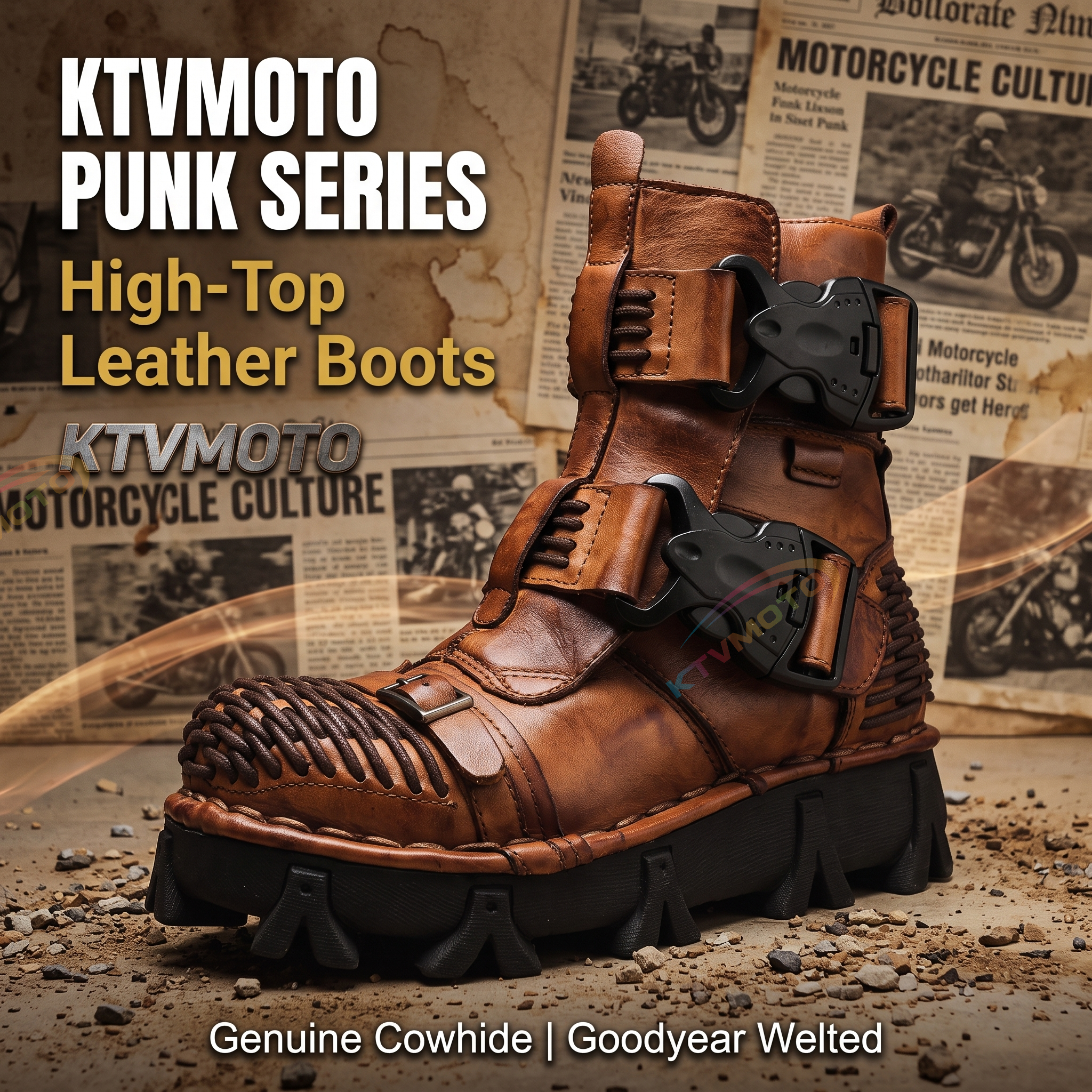 Fashionable punk-style motorcycle high-top leather boots-K168
