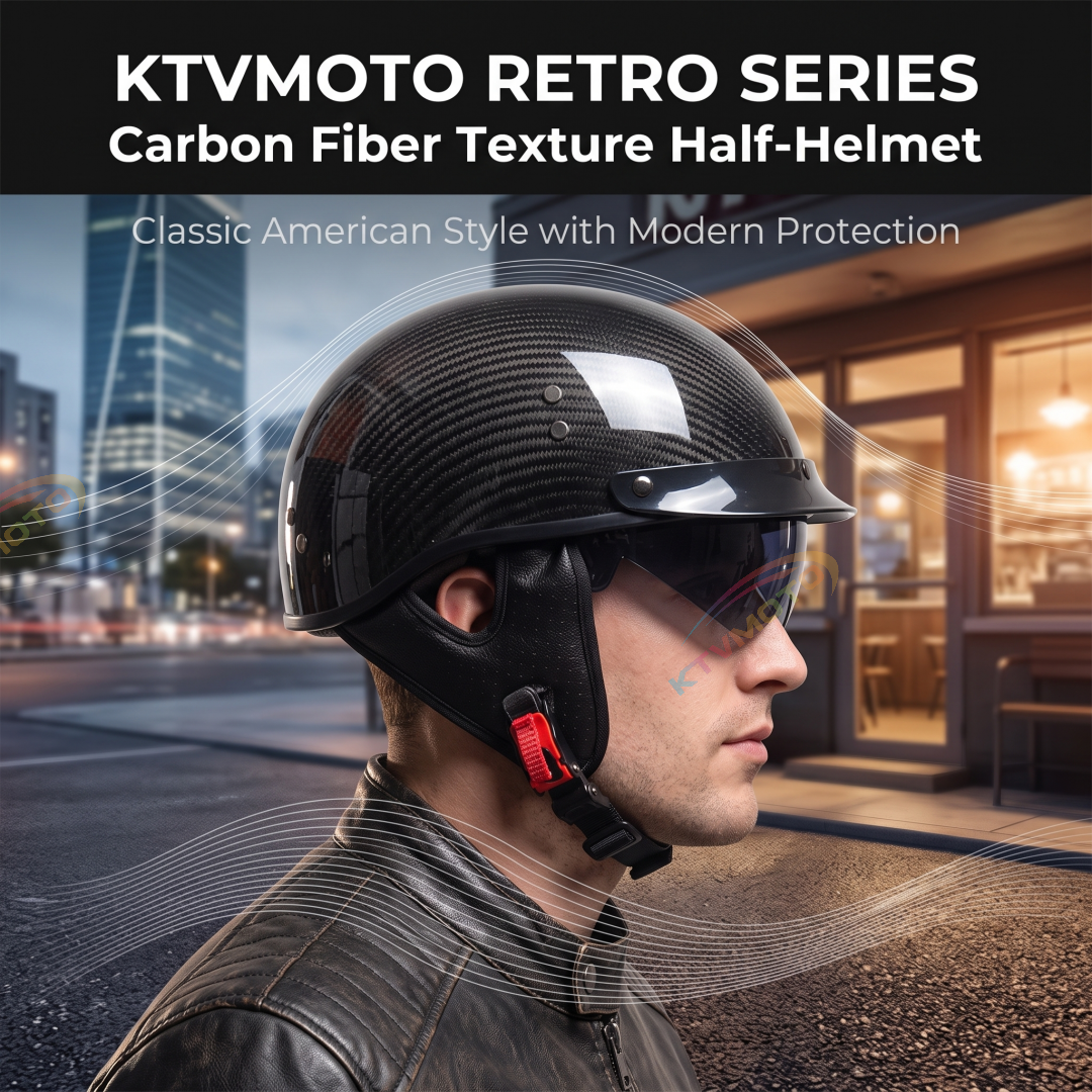 Half-helmet with retro carbon fiber texture and retractable sun visor-I136