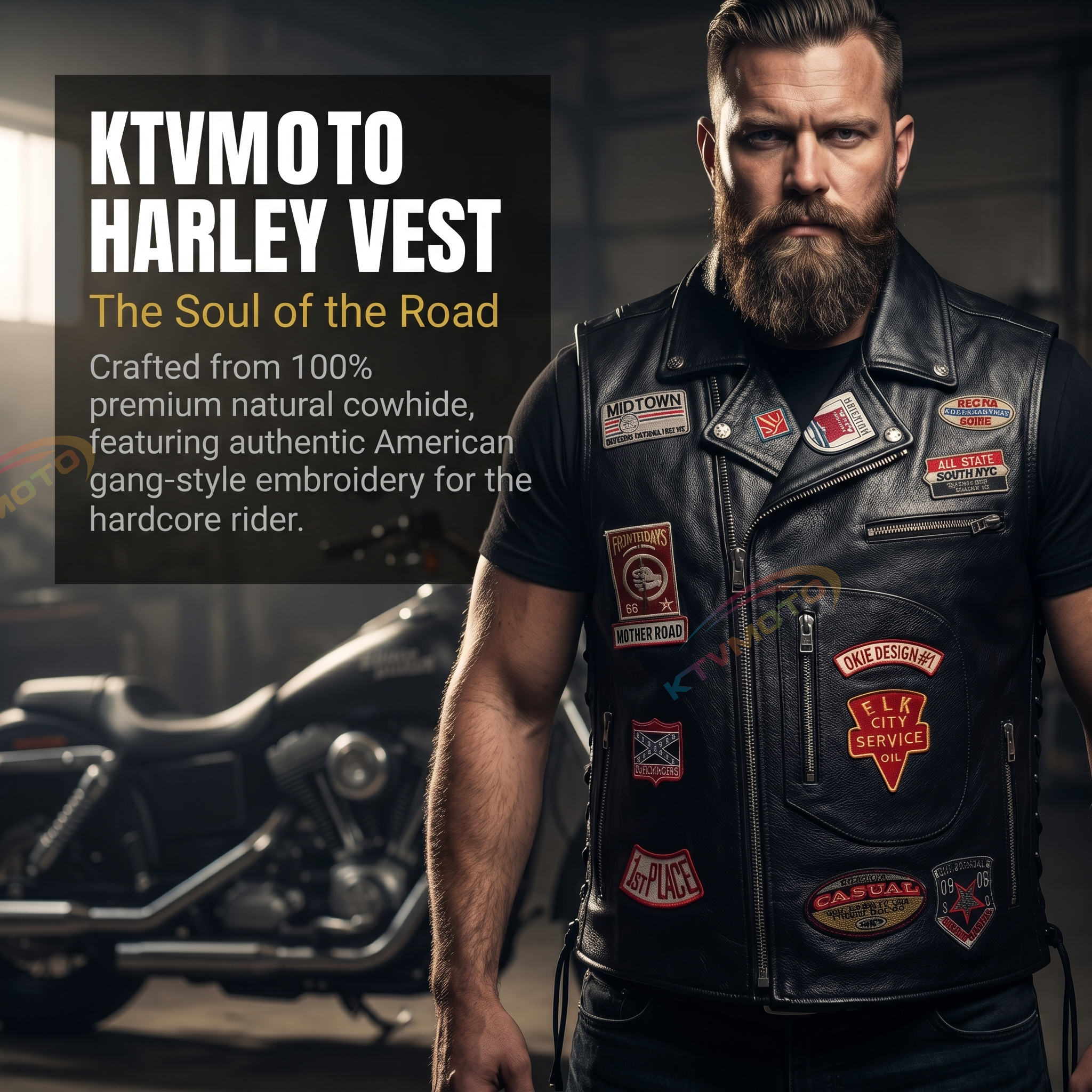 Harley vest embroidered lapel cowhide vest-A26
