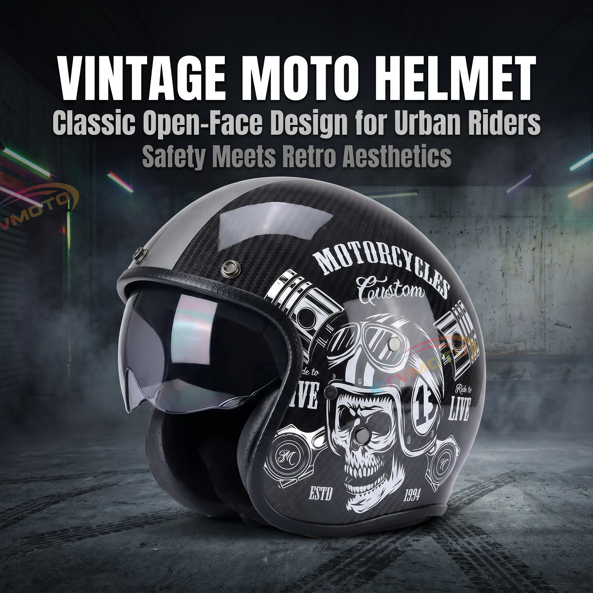 Classic cruise half-helmet with carbon fiber texture, Harley style-I34