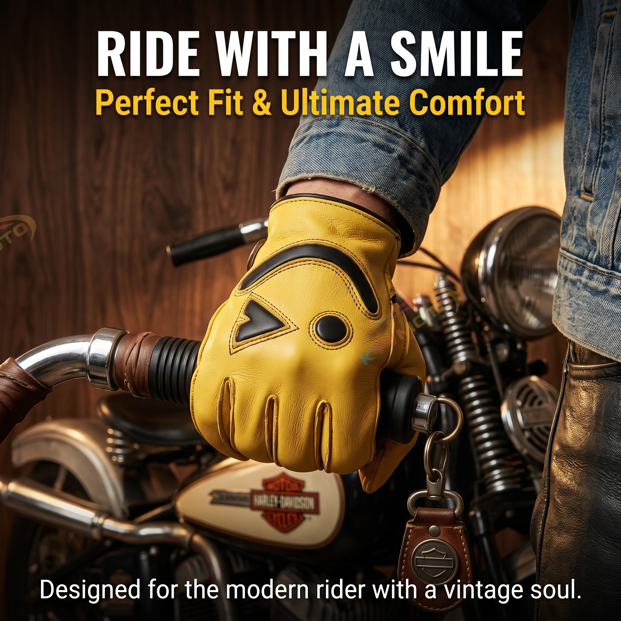 Smiley face deerskin touchscreen retro motorcycle gloves-G73