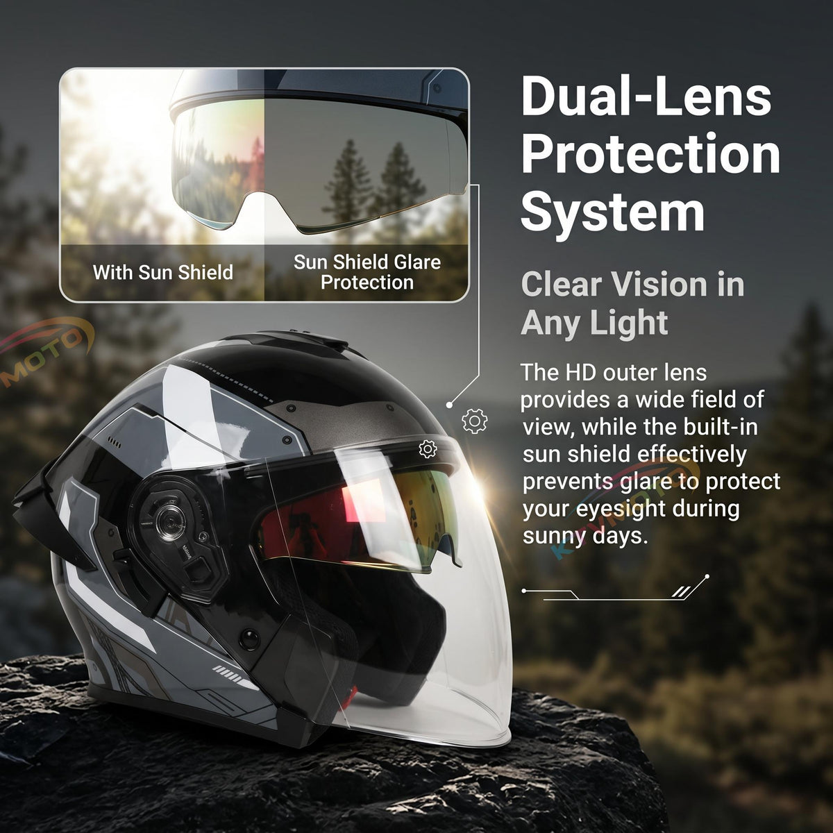 Dual-lens open-face motorcycle helmet with sun visor-I74