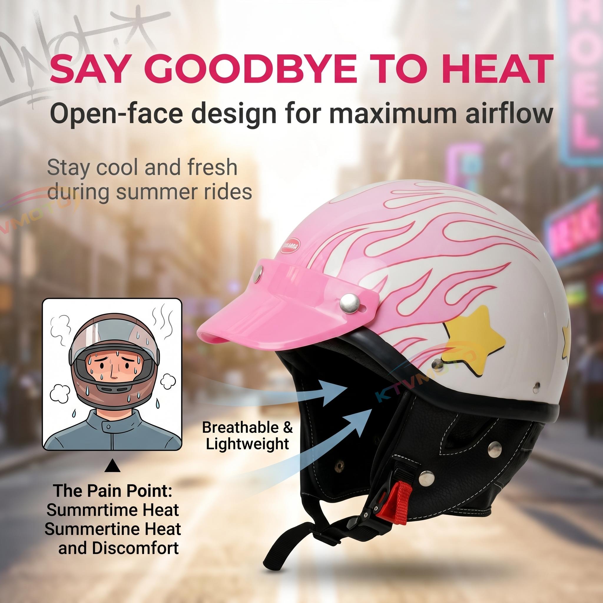 Pink Flame Open Face Motorcycle Helmet for Women Scooter-I39