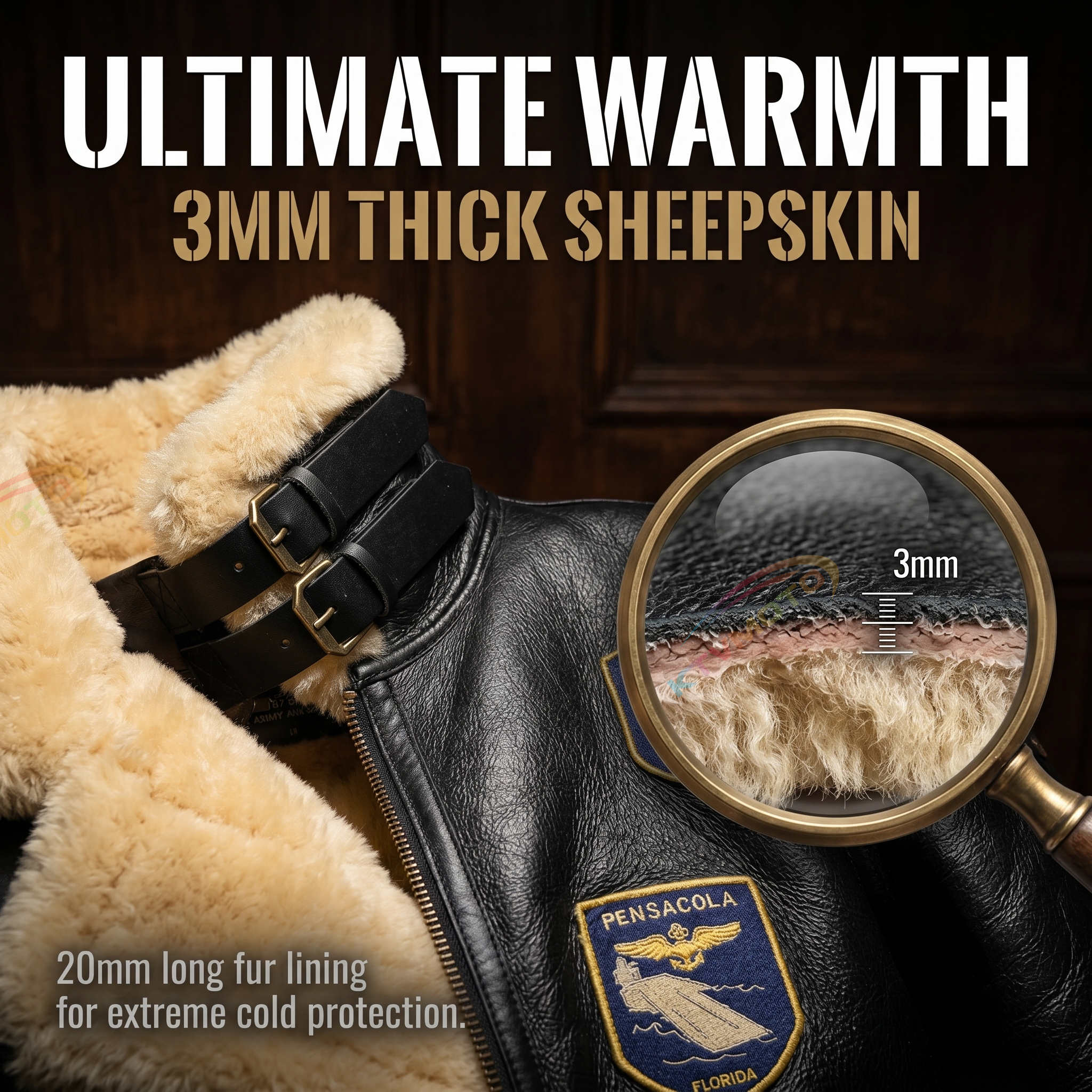 Genuine Sheepskin Bomber Jacket Military Fur-A04