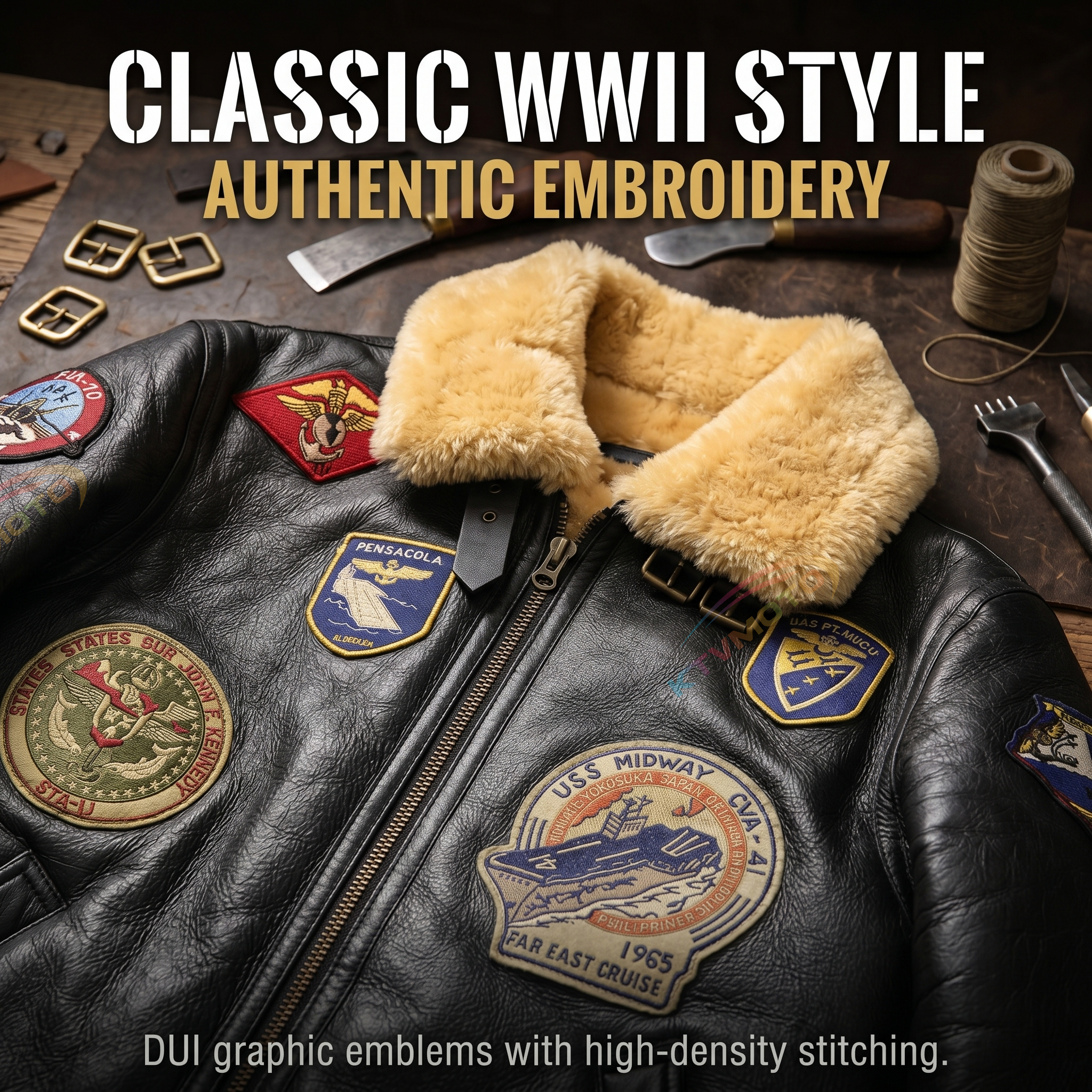 Genuine Sheepskin Bomber Jacket Military Fur-A04