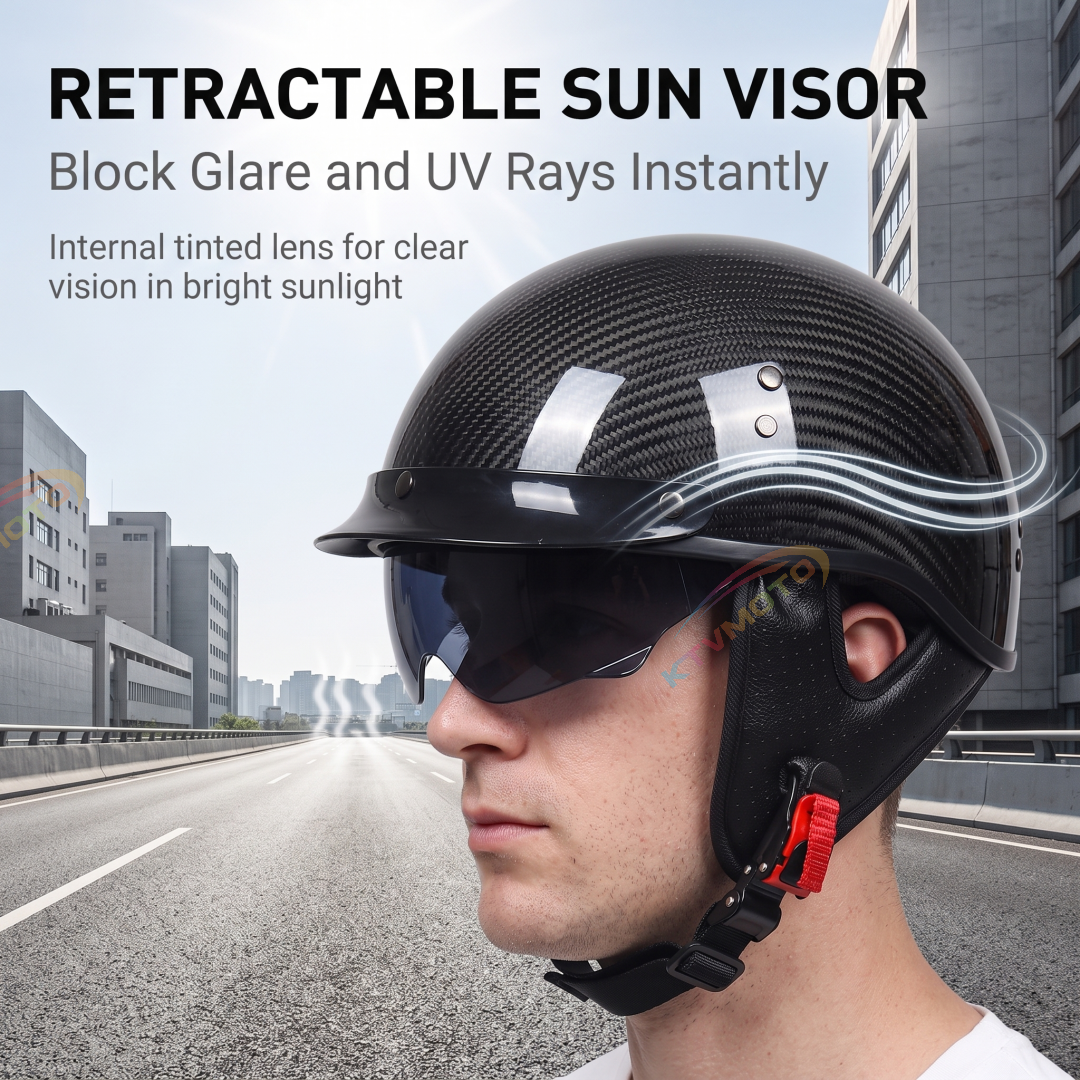 Half-helmet with retro carbon fiber texture and retractable sun visor-I136
