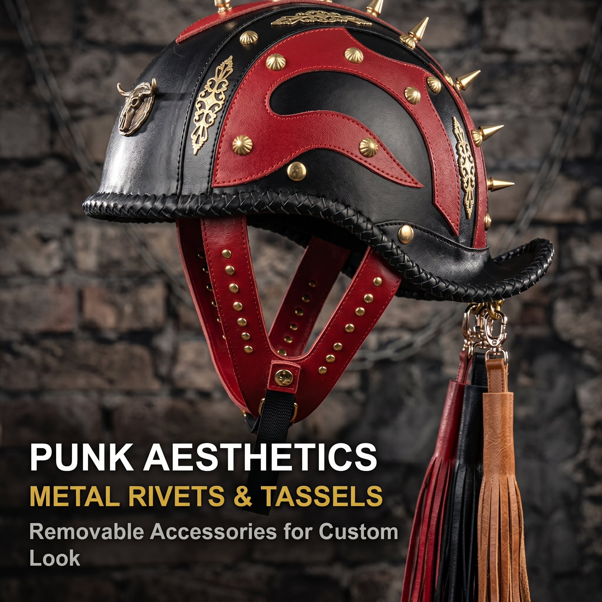 Punk studded motorcycle helmet leather cap-I130