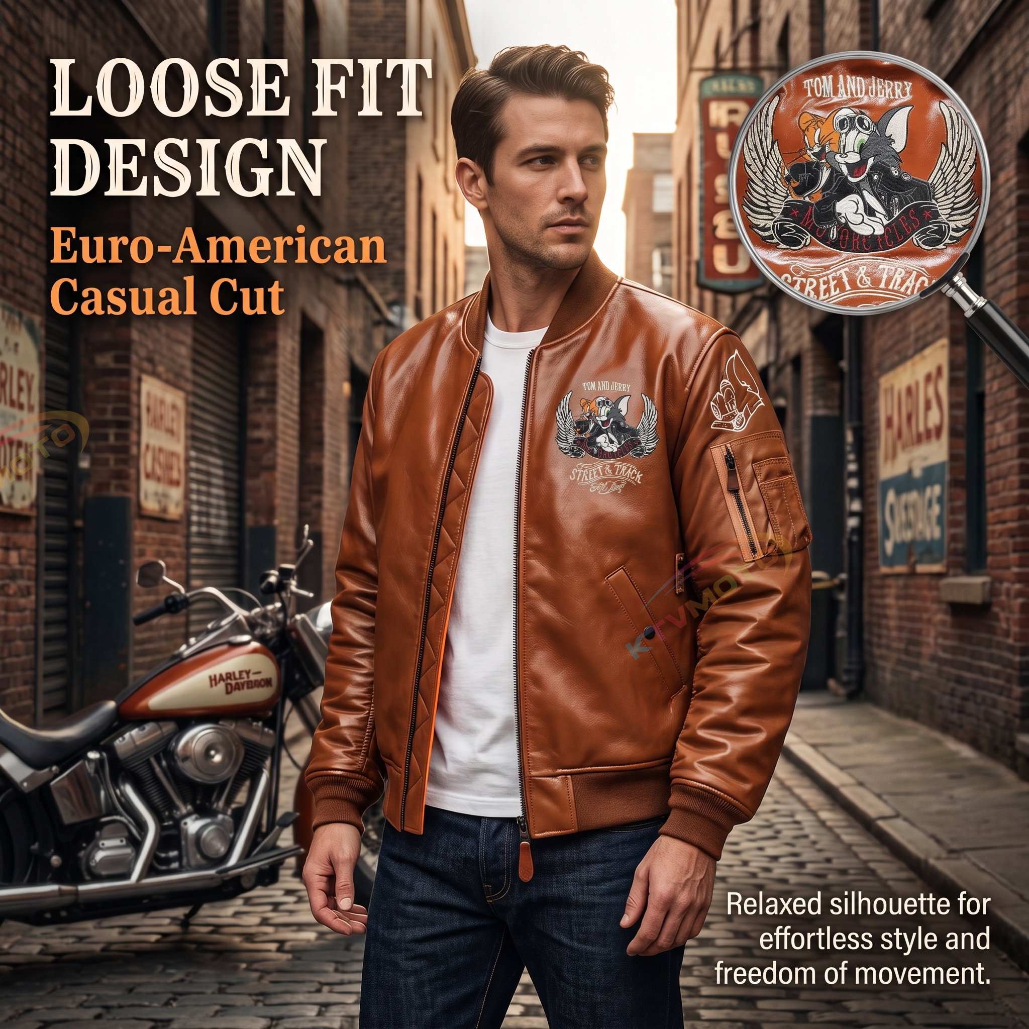 Cartoon sports casual leather cowhide jacket-A39