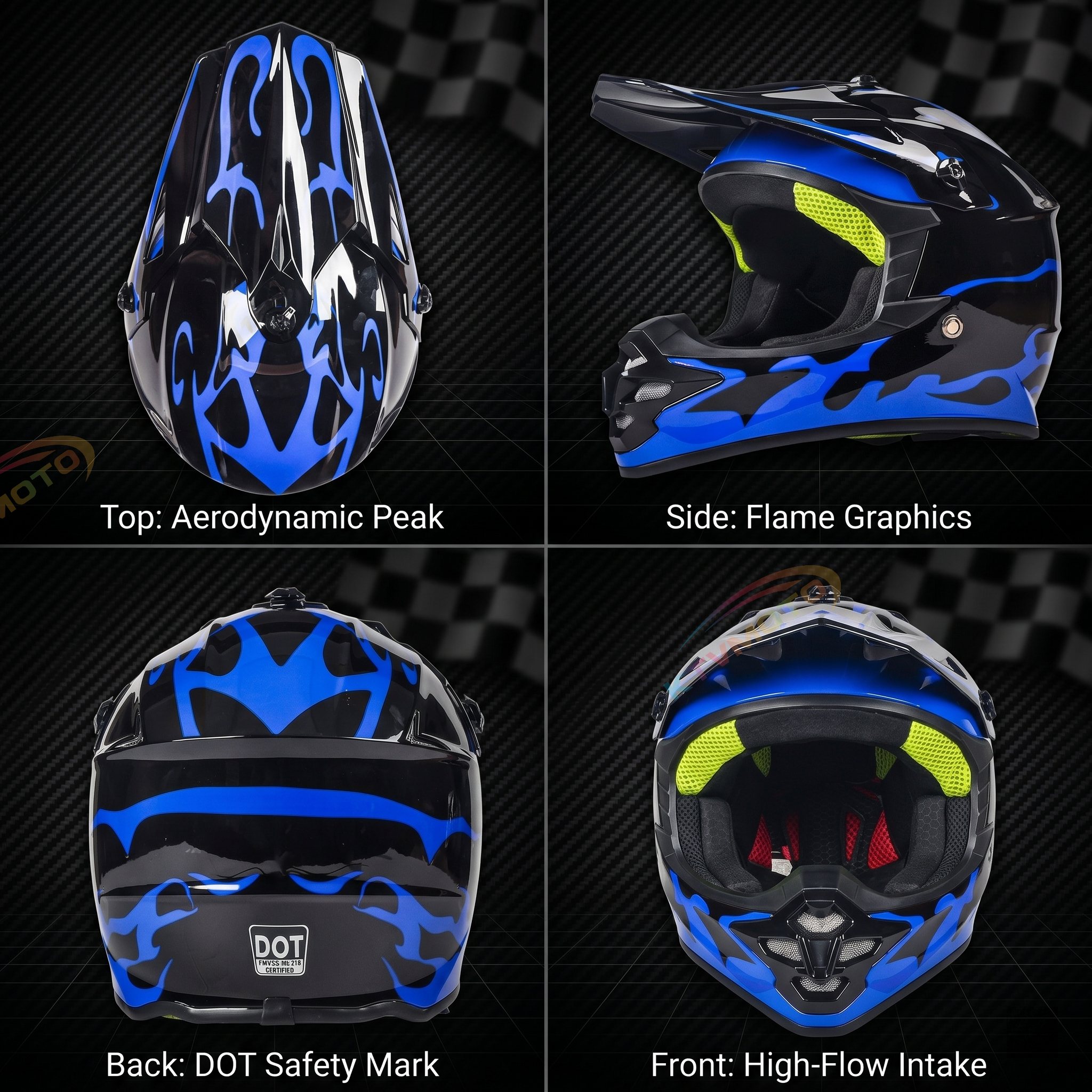 Blue Flame Off-Road Motorcycle Helmet — DOT Certified-I86