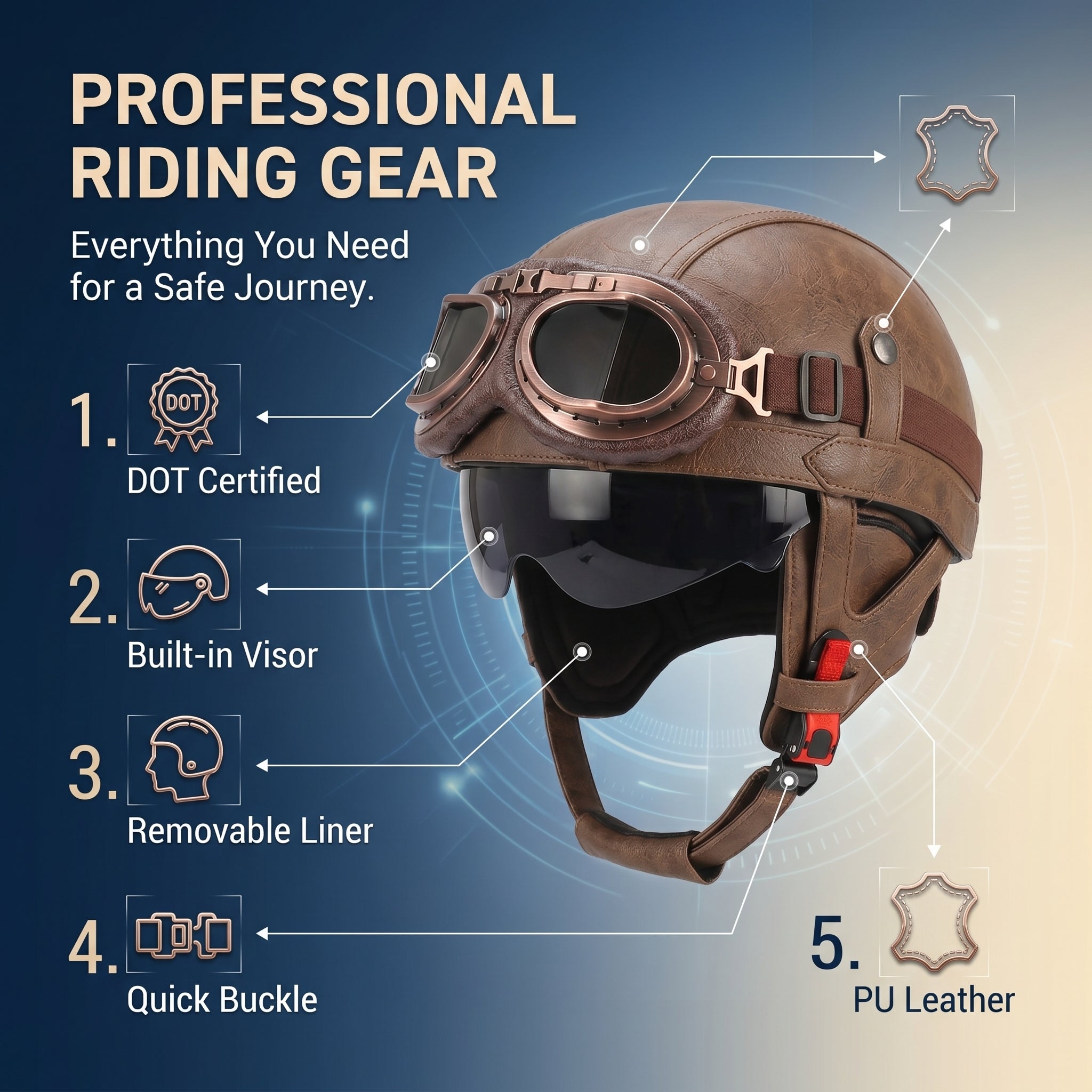 DOT Vintage Leather Motorcycle Helmet with Goggles- I06