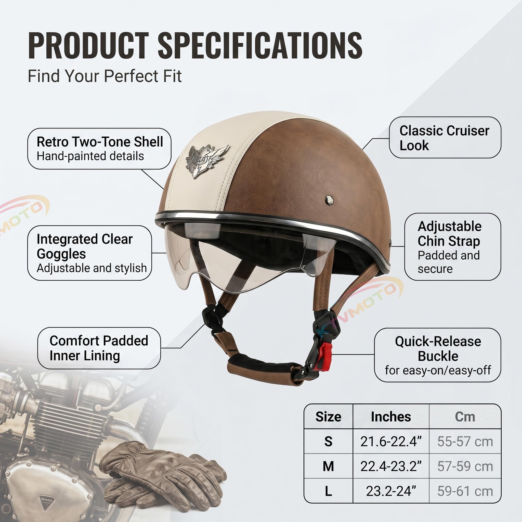 Retro two-tone cruiser motorcycle helmet with goggles-I23