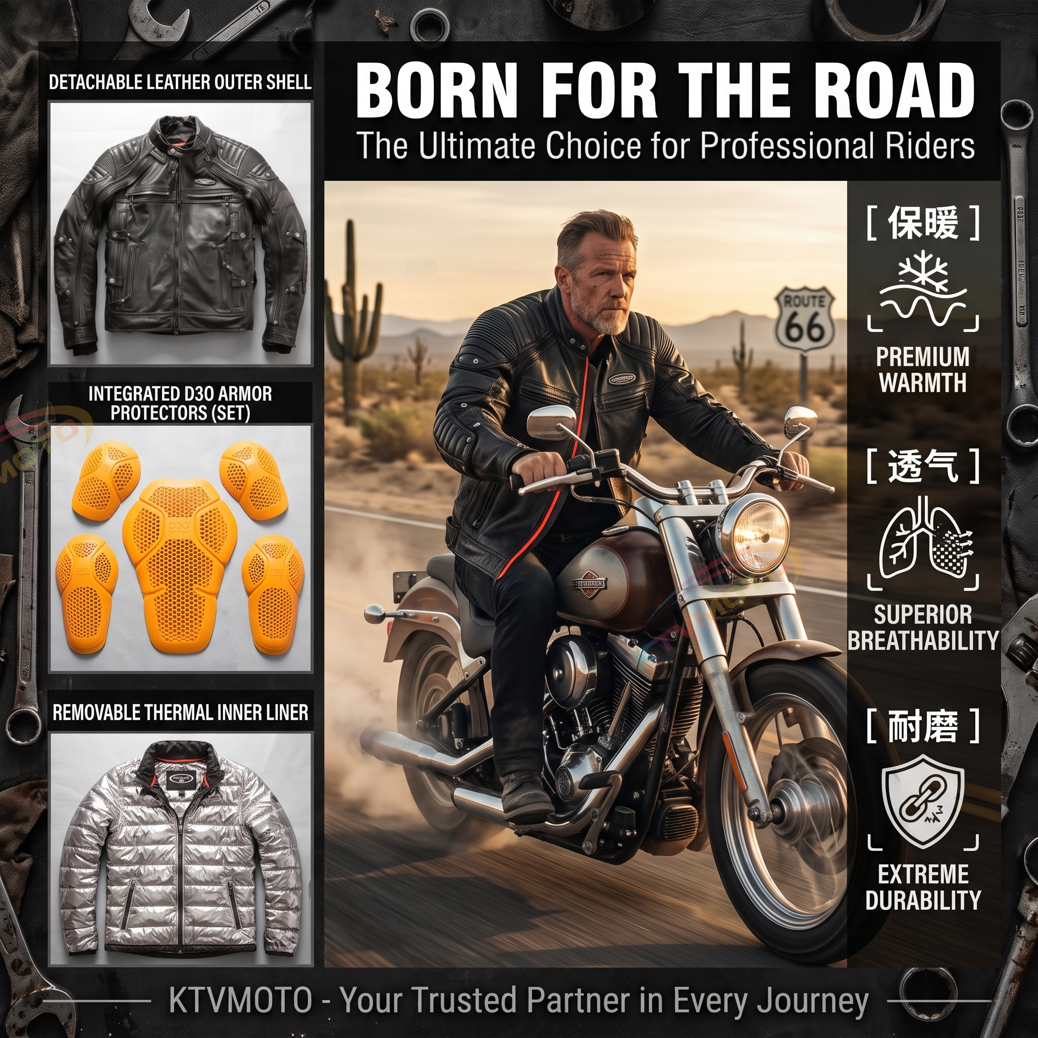Detachable four-piece motorcycle top layer yellow cowhide leather jacket-A29