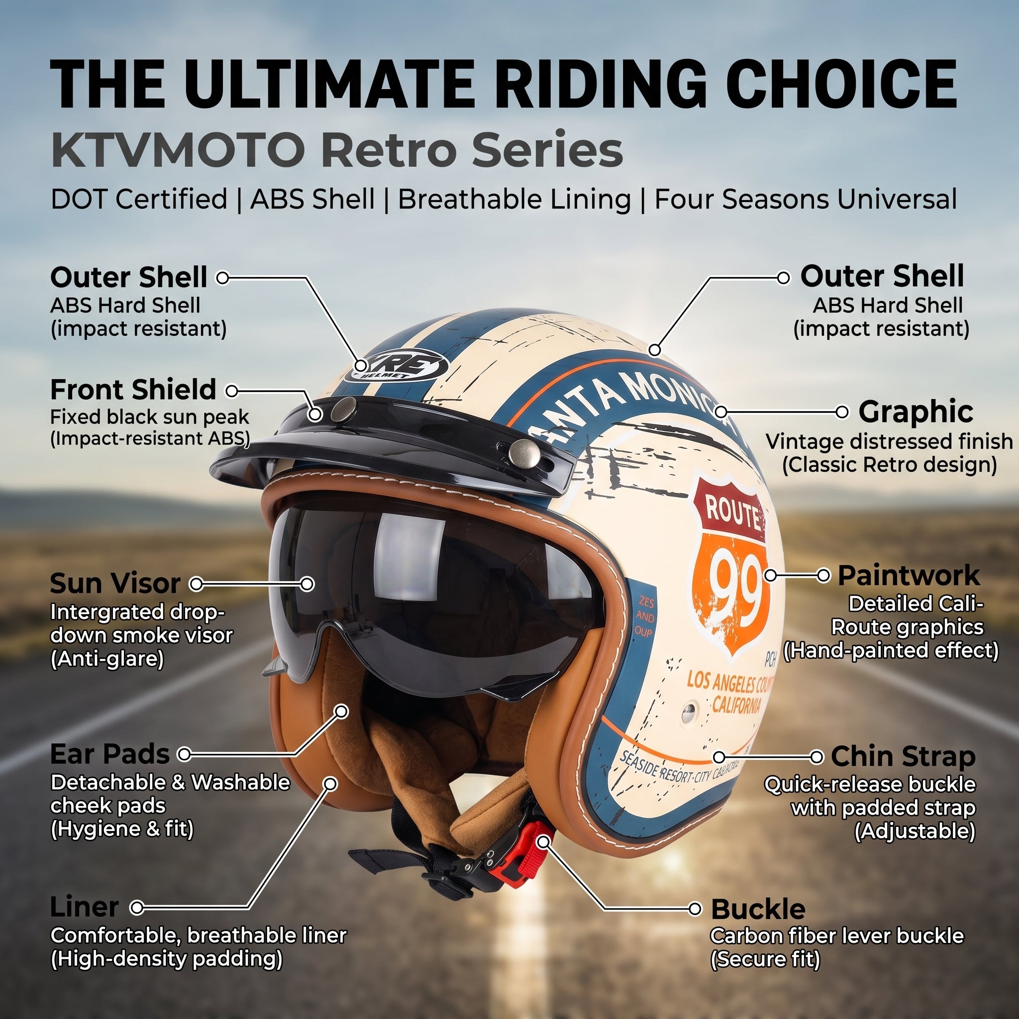 Retro Route 99 Open Face Motorcycle Helmet DOT Approved-I09