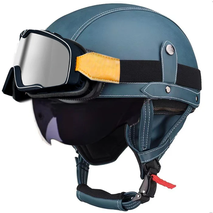 DOT Vintage Leather Motorcycle Helmet with Goggles- I06
