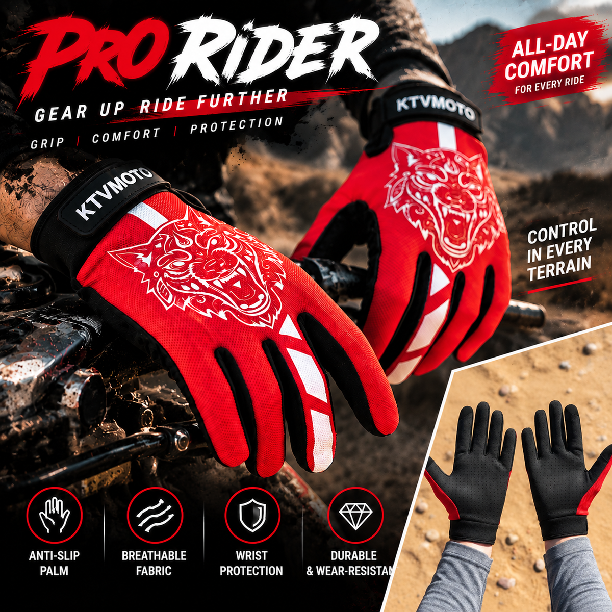 KTVMOTO Full Finger Bike Gloves Anti Slip UV Protection Touchscreen -G102