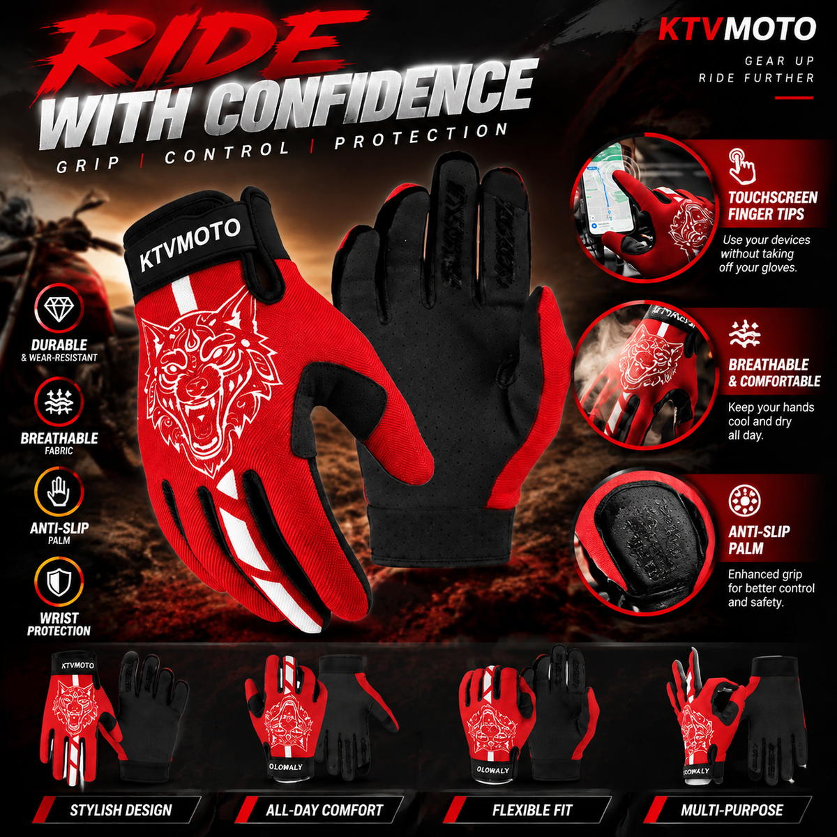 KTVMOTO Full Finger Bike Gloves Anti Slip UV Protection Touchscreen -G102