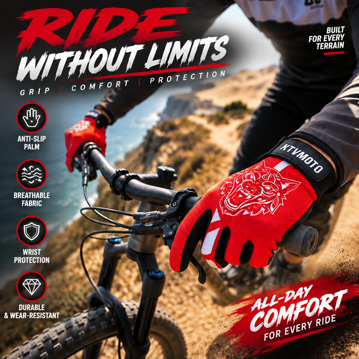 KTVMOTO Full Finger Bike Gloves Anti Slip UV Protection Touchscreen -G102