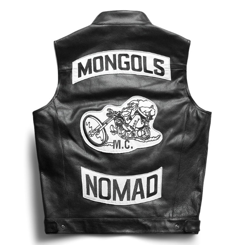 Mongolian Gang Motorcycle Leather Vest Stand Collar Multi-label Sons of Anarchy-A36