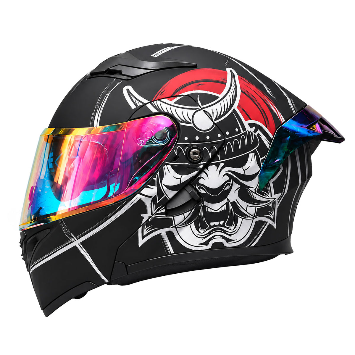 Modular motorcycle helmet with dual visors and a colorful rear spoiler-I151