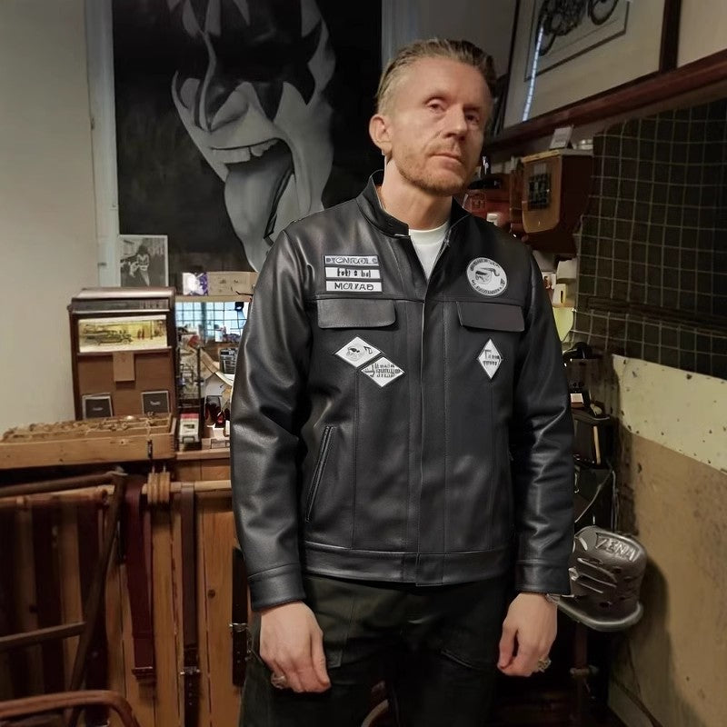 Mongolian Gang Motorcycle Leather Vest Stand Collar Multi-label Sons of Anarchy-A36