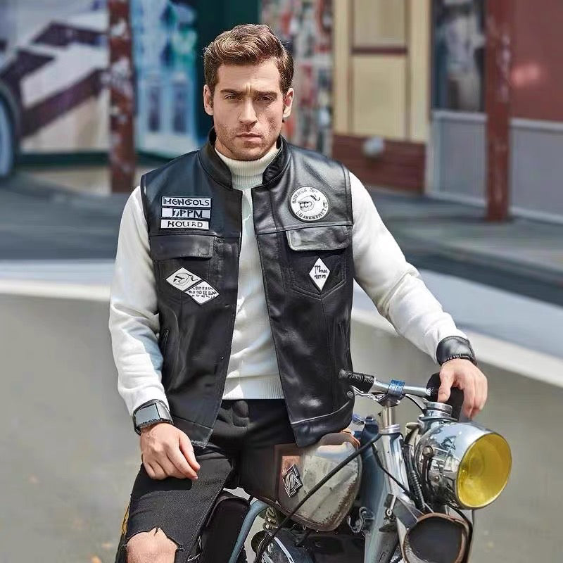 Mongolian Gang Motorcycle Leather Vest Stand Collar Multi-label Sons of Anarchy-A36