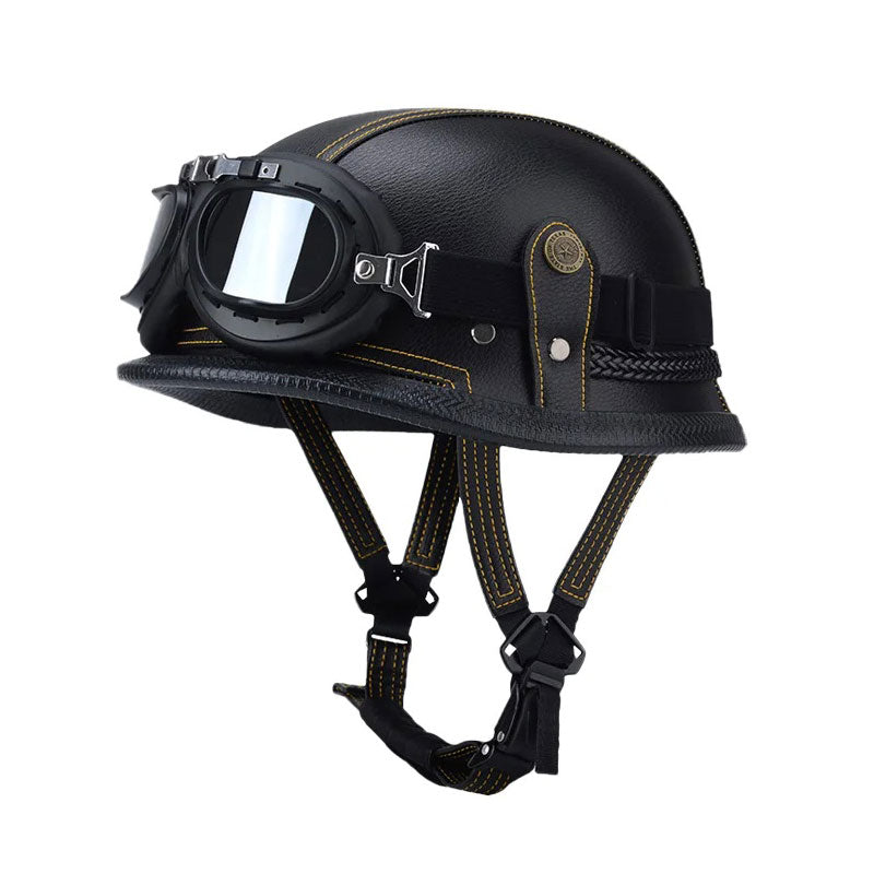 DOT Motorcycle German-style Genuine Leather Goggles Open Half Helmet-I10