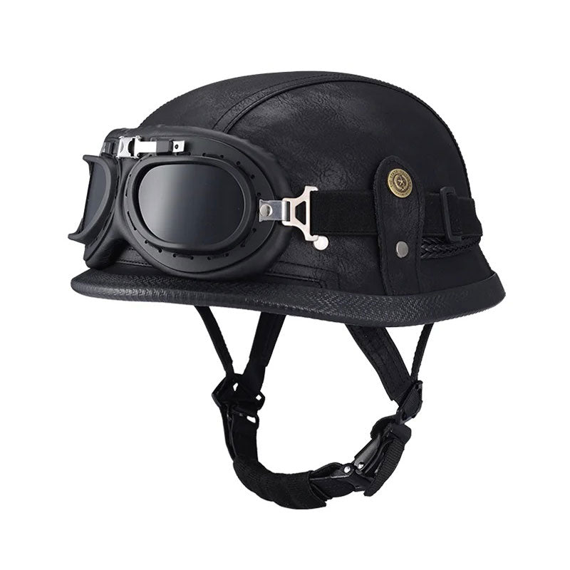 DOT Motorcycle German-style Genuine Leather Goggles Open Half Helmet-I10