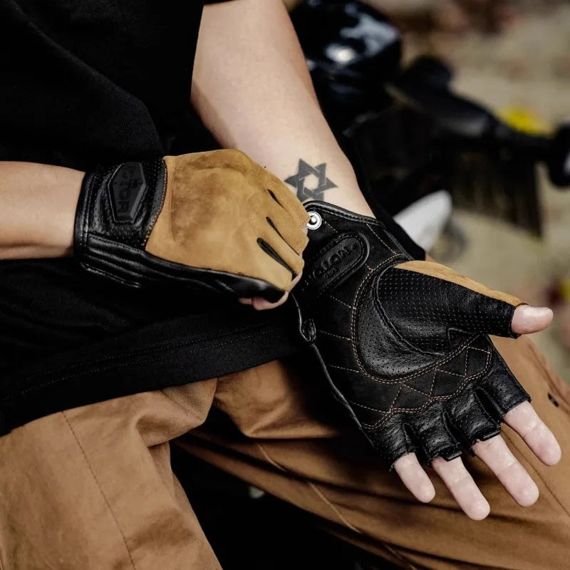 Retro genuine leather half-finger motorcycle gloves-G39