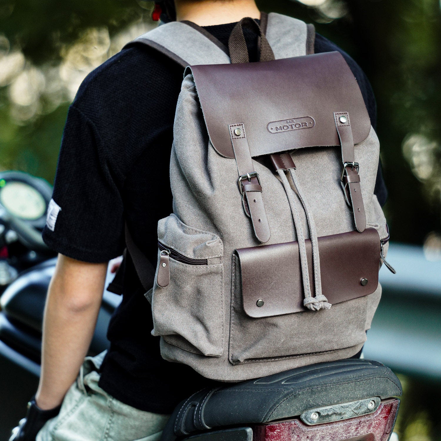 B7 Retro Canvas PU Motorcycle Backpack-B16