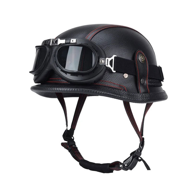 DOT Motorcycle German-style Genuine Leather Goggles Open Half Helmet-I10