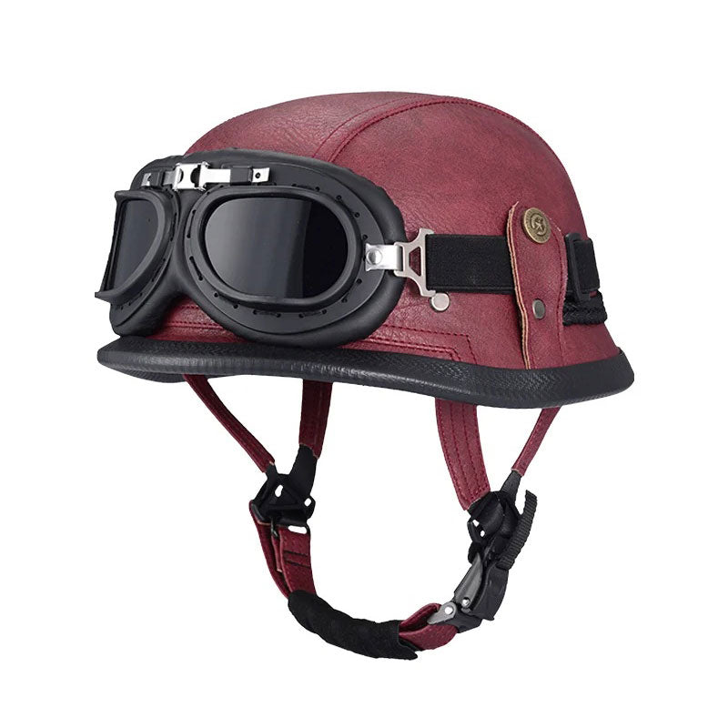 DOT Motorcycle German-style Genuine Leather Goggles Open Half Helmet-I10