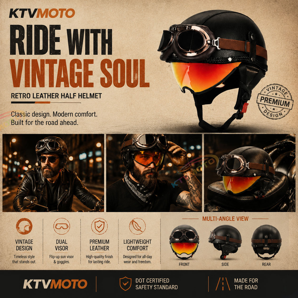 Retro open-back leather motorcycle helmet visor – I35