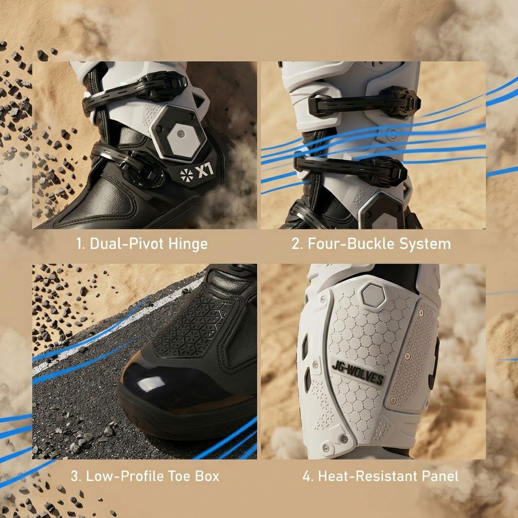 Off-road and rally motorcycle boots featuring a hinged structure-K72