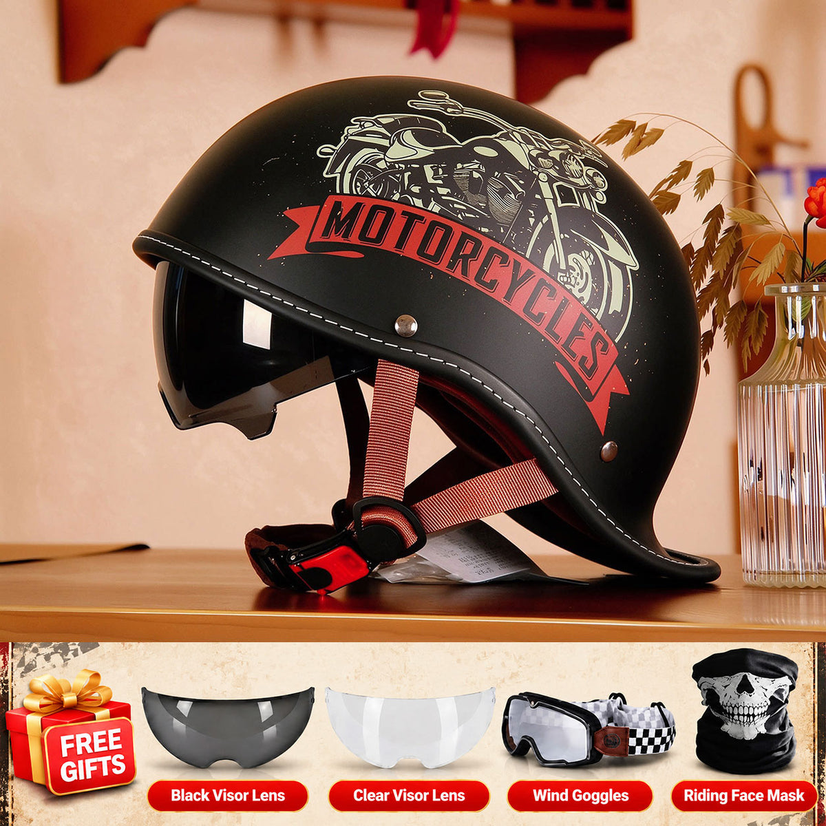Retro-style motorcycle half-helmet with a ducktail design-I298