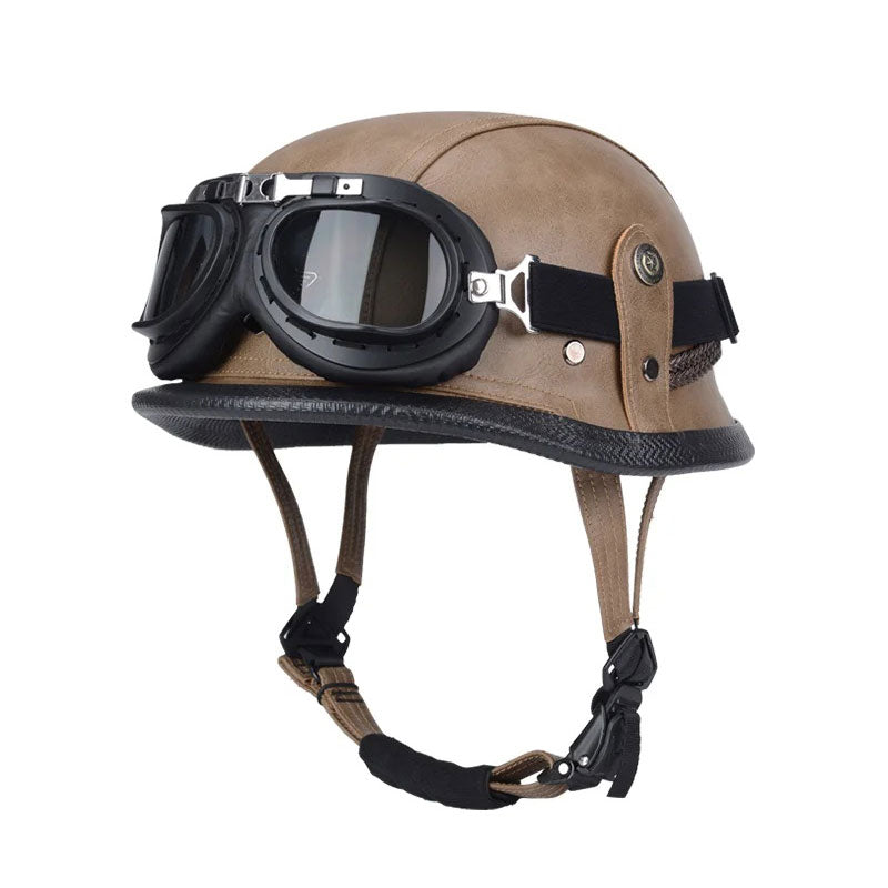 DOT Motorcycle German-style Genuine Leather Goggles Open Half Helmet-I10
