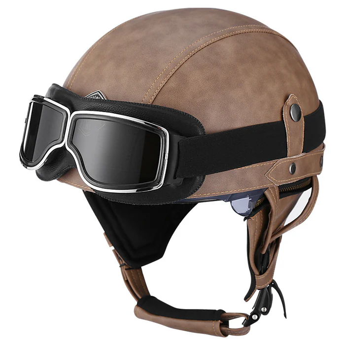 DOT Vintage Leather Motorcycle Helmet with Goggles- I06