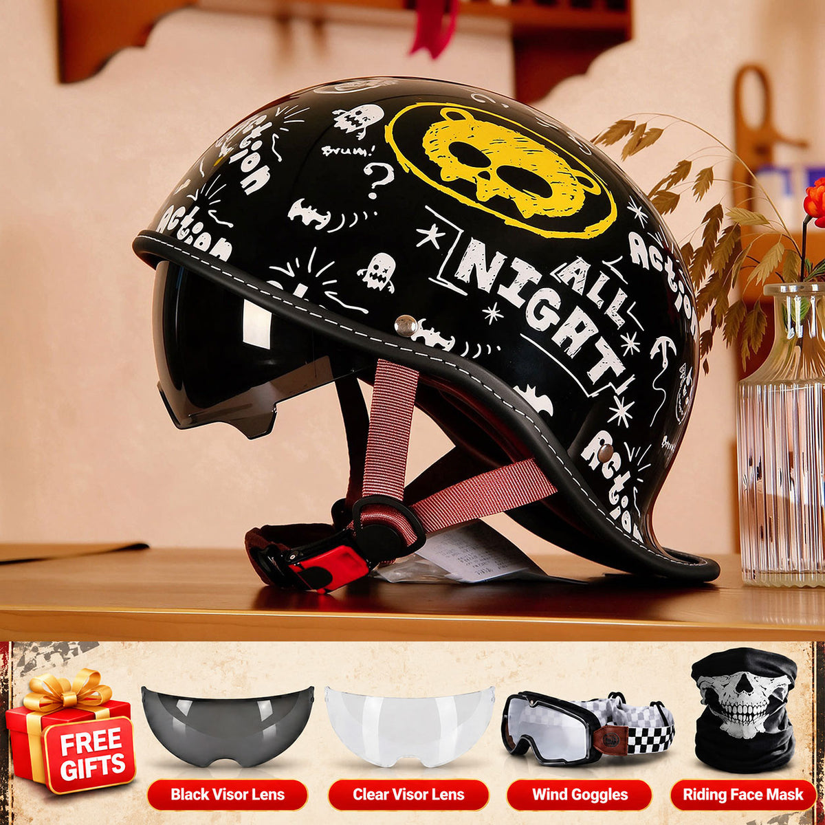 Retro-style motorcycle half-helmet with a ducktail design-I298