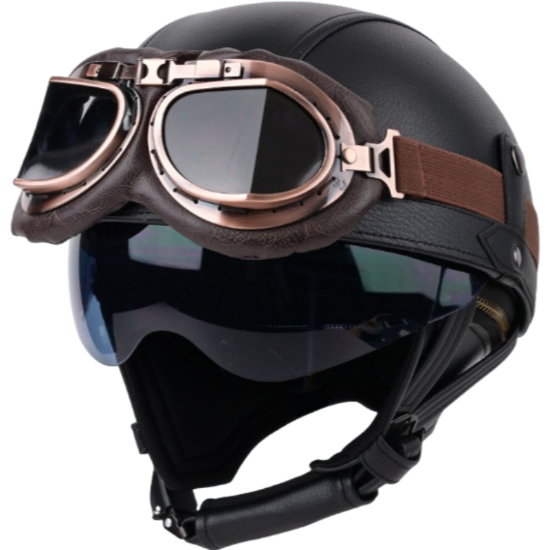 DOT Vintage Leather Motorcycle Helmet with Goggles- I06