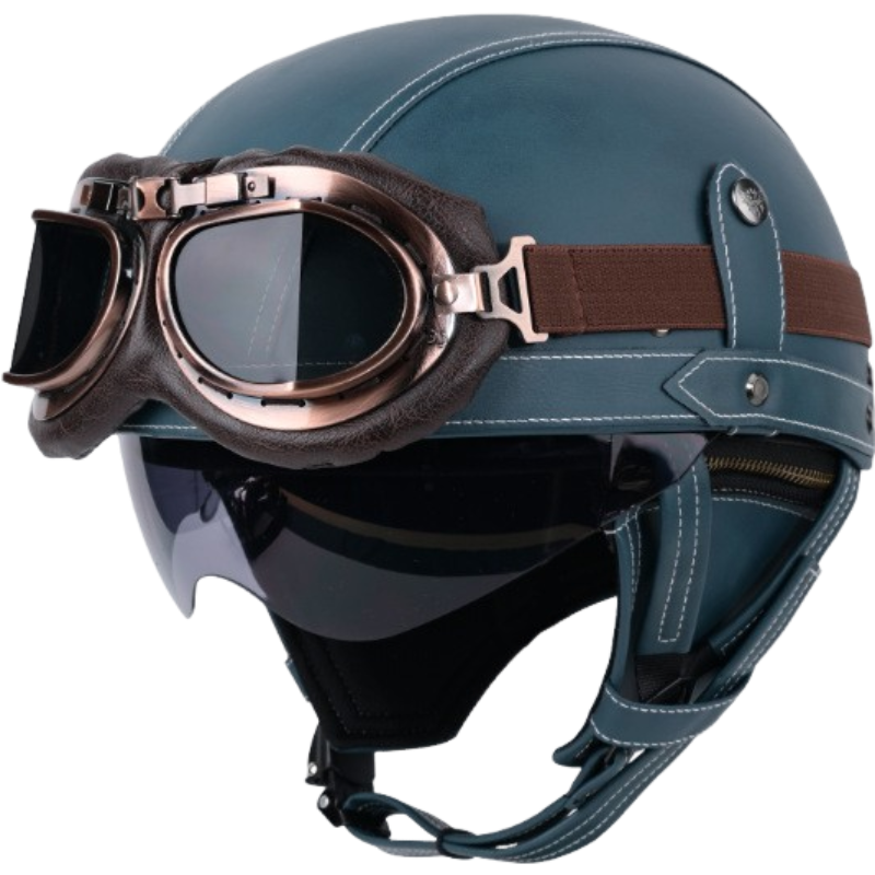 DOT Vintage Leather Motorcycle Helmet with Goggles- I06