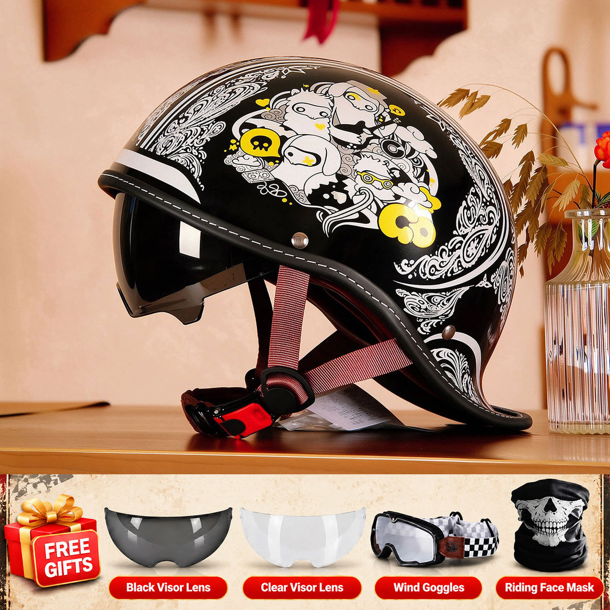 Retro-style motorcycle half-helmet with a ducktail design-I298