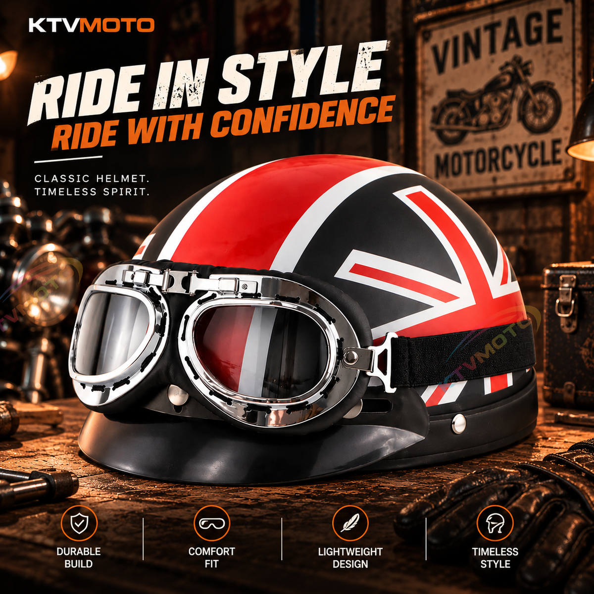 KTVMOTO Retro Motorcycle Half Helmet with Vintage Goggles & Visor-I267